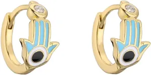 Blue Evil Eye Small Hoop Earring Protection Hamsa Hand of Fatima Cubic Zirconia Tiny Cuff Sleeper Mini Huggie Lucky Crystal Jewelry Gift for Women Birthday Bff Xmas