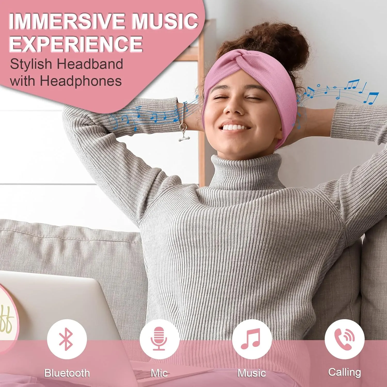 Bluetooth Headband Headphones, Wireless Headband for Women, Bluetooth Headphones with Knotted Design for Running, Fitness, Yoga, Meditation- Black&Pink
