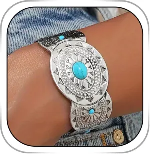 Boho Cuff Bracelets for Women Silver Wide Bracelet Chunky Turquoise Bracelets Western Cowgirl Bangle for Holiday