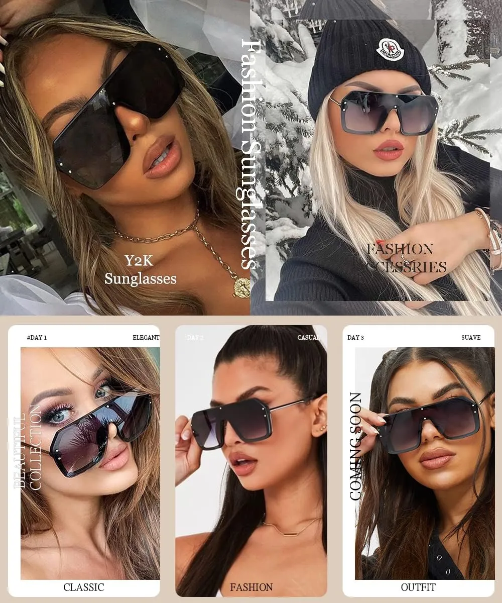 BOJOD Oversized Sunglasses for Women Trendy One Piece Flat Top Rimless Sunglasses Siamese Big Large Shades