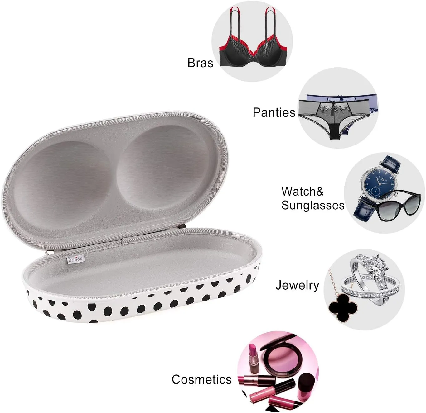 Bra Case Premium Lingerie Travel Bag Zip Underwear Organizer Bag for A-C Cup (Black Dot)