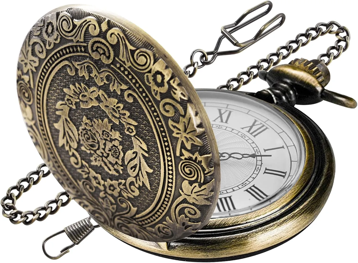 Bronze Large Decorative Flower Pattern Pocket Watch White Roman Numeral Scale Quartz Pocket Watches for Men with Chain