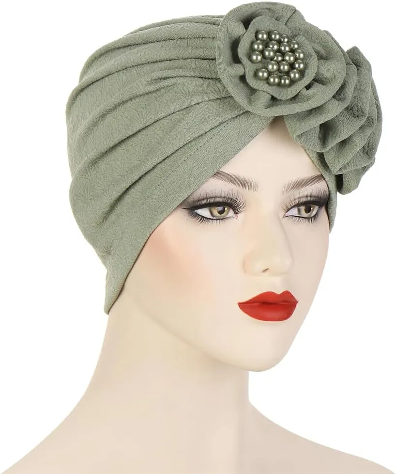 Chemo Turban Caps for Women - Bead Flower Solid Headwear Hats Pre Tied Headwraps for Cancer Patients