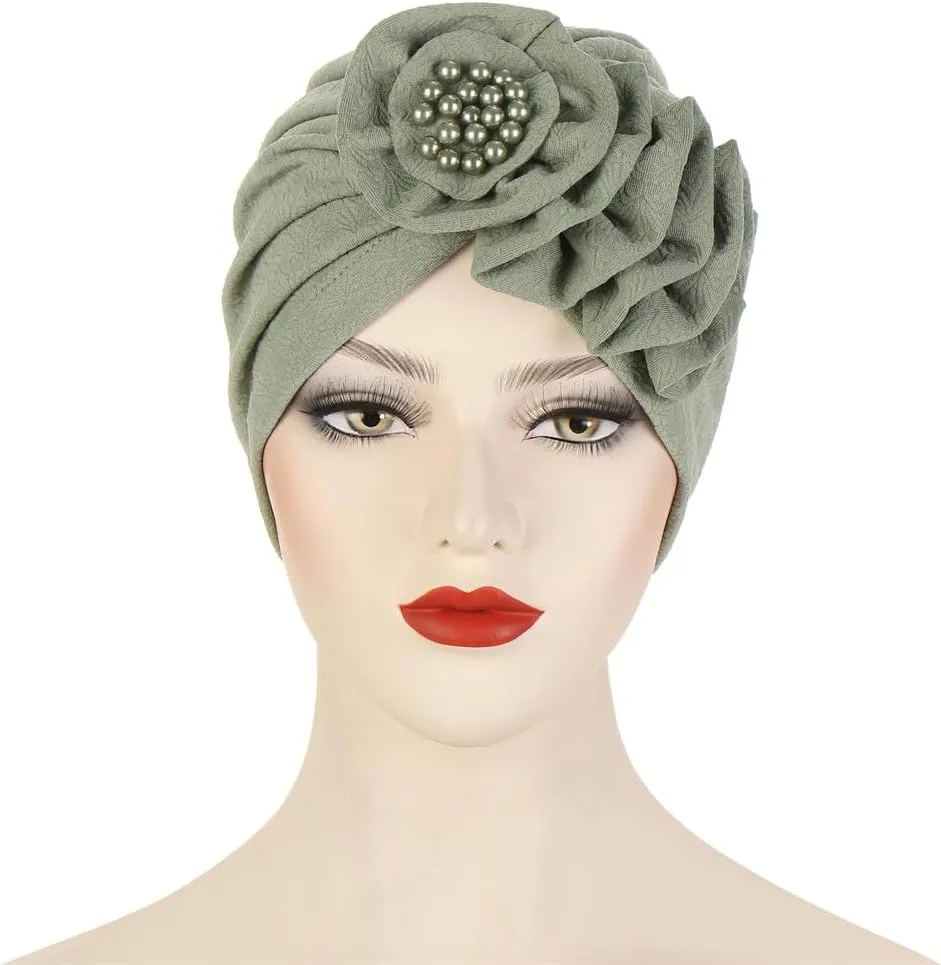 Chemo Turban Caps for Women - Bead Flower Solid Headwear Hats Pre Tied Headwraps for Cancer Patients