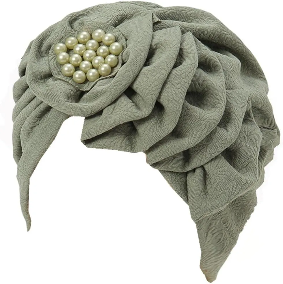 Chemo Turban Caps for Women - Bead Flower Solid Headwear Hats Pre Tied Headwraps for Cancer Patients