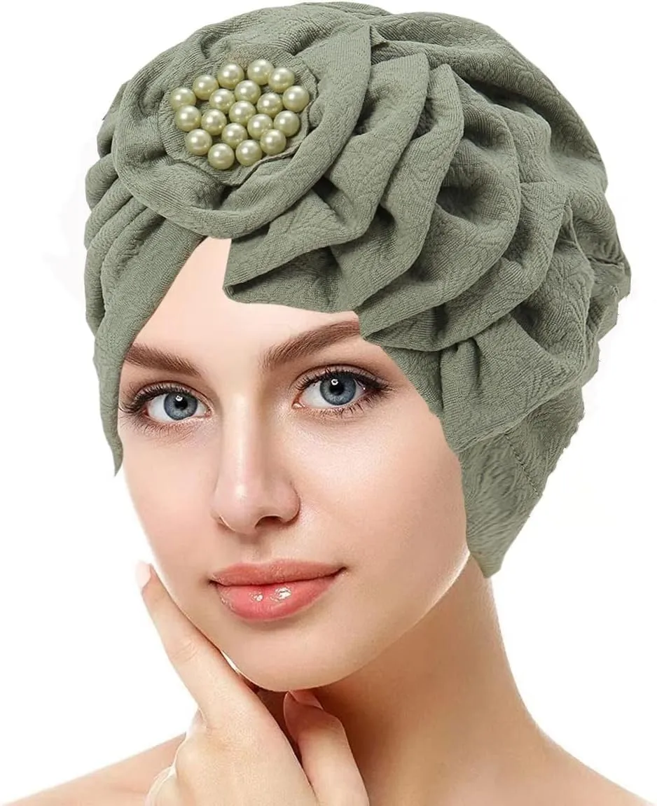 Chemo Turban Caps for Women - Bead Flower Solid Headwear Hats Pre Tied Headwraps for Cancer Patients