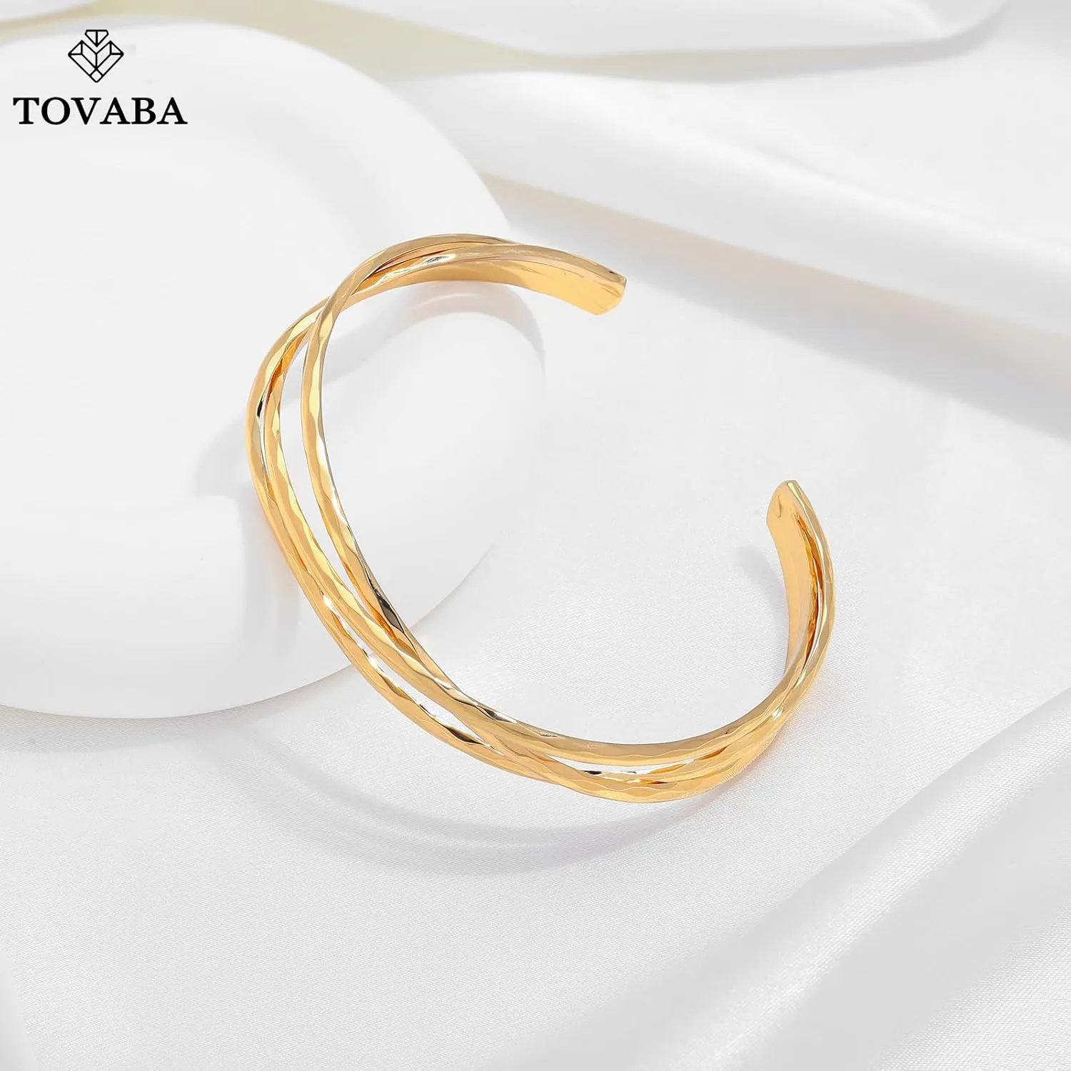 Chunky 14k Gold Cuff Bracelets for Women - Non Tarnish Teardrop Bangle Multi-layer Cross Wire Open Bracelets