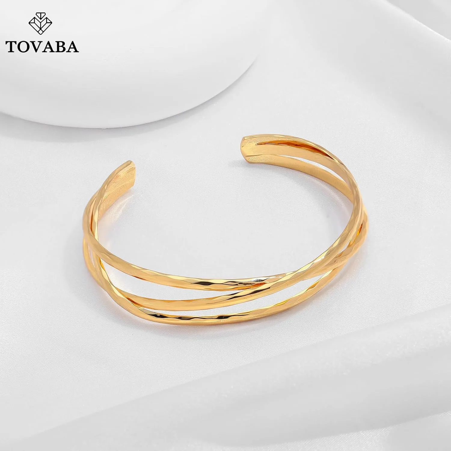 Chunky 14k Gold Cuff Bracelets for Women - Non Tarnish Teardrop Bangle Multi-layer Cross Wire Open Bracelets