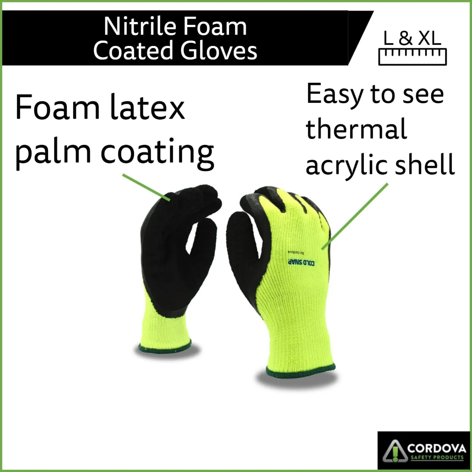 Cold Snap Gloves, 7-Gauge, Hi-Vis Green, Brushed, Loop-In, Acrylic Terry Shell, Black Foam Latex Palm Coating