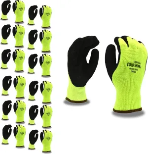 Cold Snap Gloves, 7-Gauge, Hi-Vis Green, Brushed, Loop-In, Acrylic Terry Shell, Black Foam Latex Palm Coating