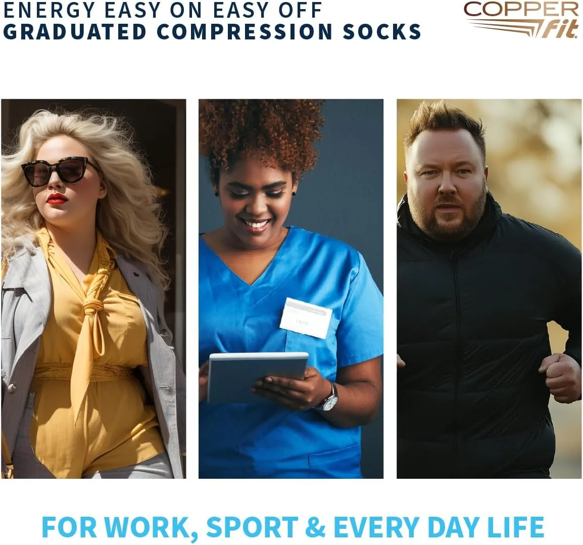 Copper Fit Energy Graduated Wide Calf Compression Socks for Men & Women  Easy On, Easy Off, For Circulation & Swelling Relief  Ideal for Travel, Nurses, Running, & Recovery