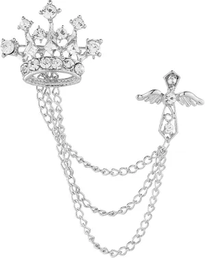 Cross Crown Long Chain Brooch, Rhinestone Tassel Brooch Pin,Retro Crystal Suit Pins Collar Pin,Coat Tassel Chain Lapel Pins for Men's Suit Accessories