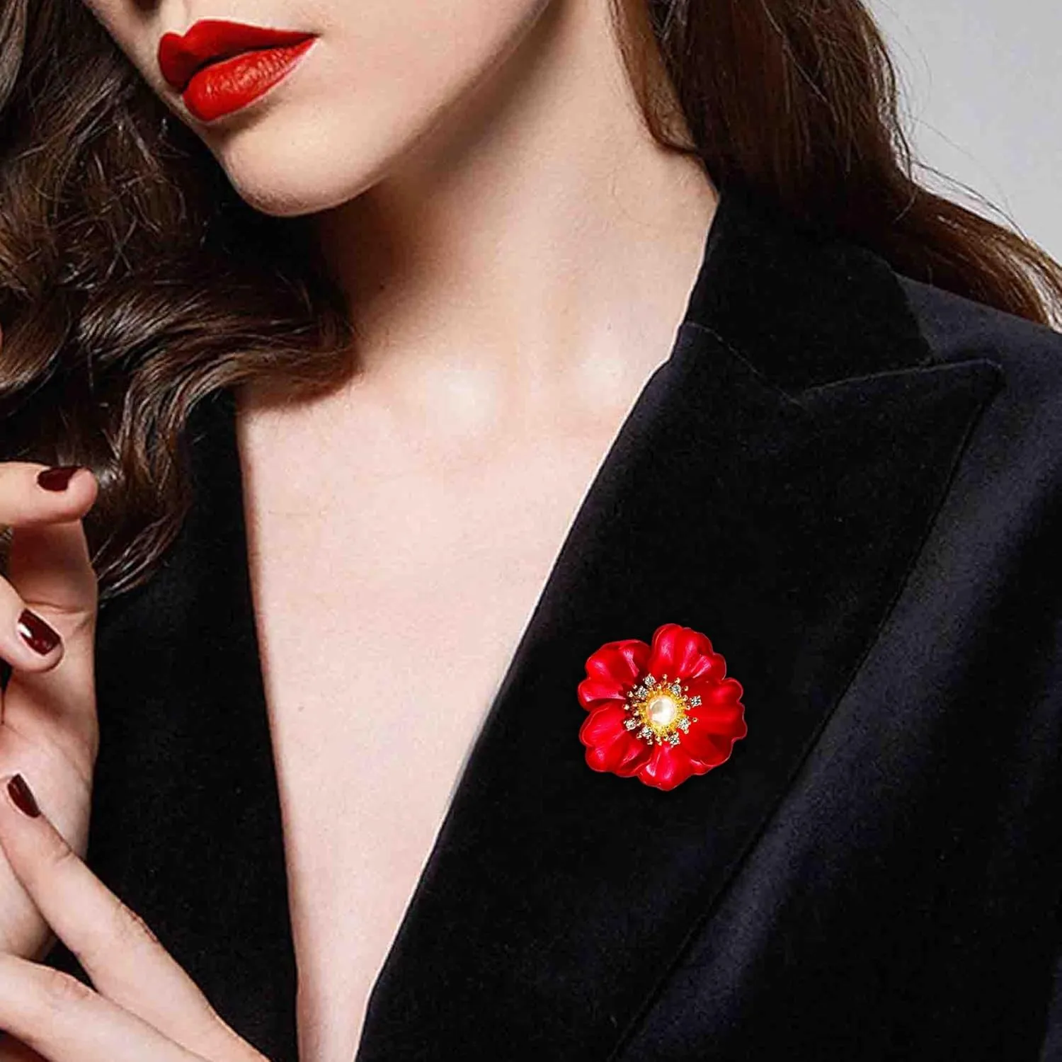 Crystal Red Flower Brooch Pins for Women Elegant Enamel Rhinestone Floral Brooches Pin Fashion Jewelry for Party Dance Wedding Banquet Brooch for Women Gift