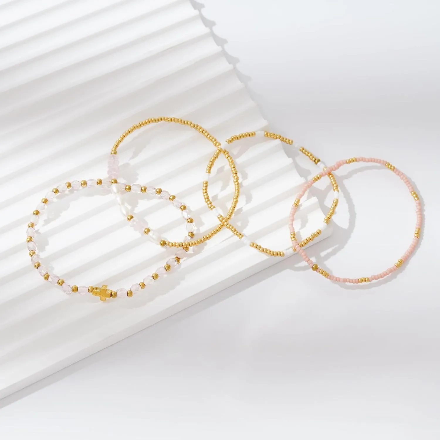 Dainty Gold Pearl Crystal Beaded Bracelets Set for Women 14K Real Gold Plated Bead Pearl Crystal Beads Bracelet Stackable Paperclip Link Chain Bracelets Gold Bracelets for Women Trendy Jewelry