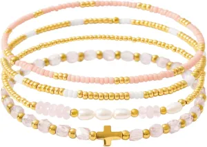 Dainty Gold Pearl Crystal Beaded Bracelets Set for Women 14K Real Gold Plated Bead Pearl Crystal Beads Bracelet Stackable Paperclip Link Chain Bracelets Gold Bracelets for Women Trendy Jewelry