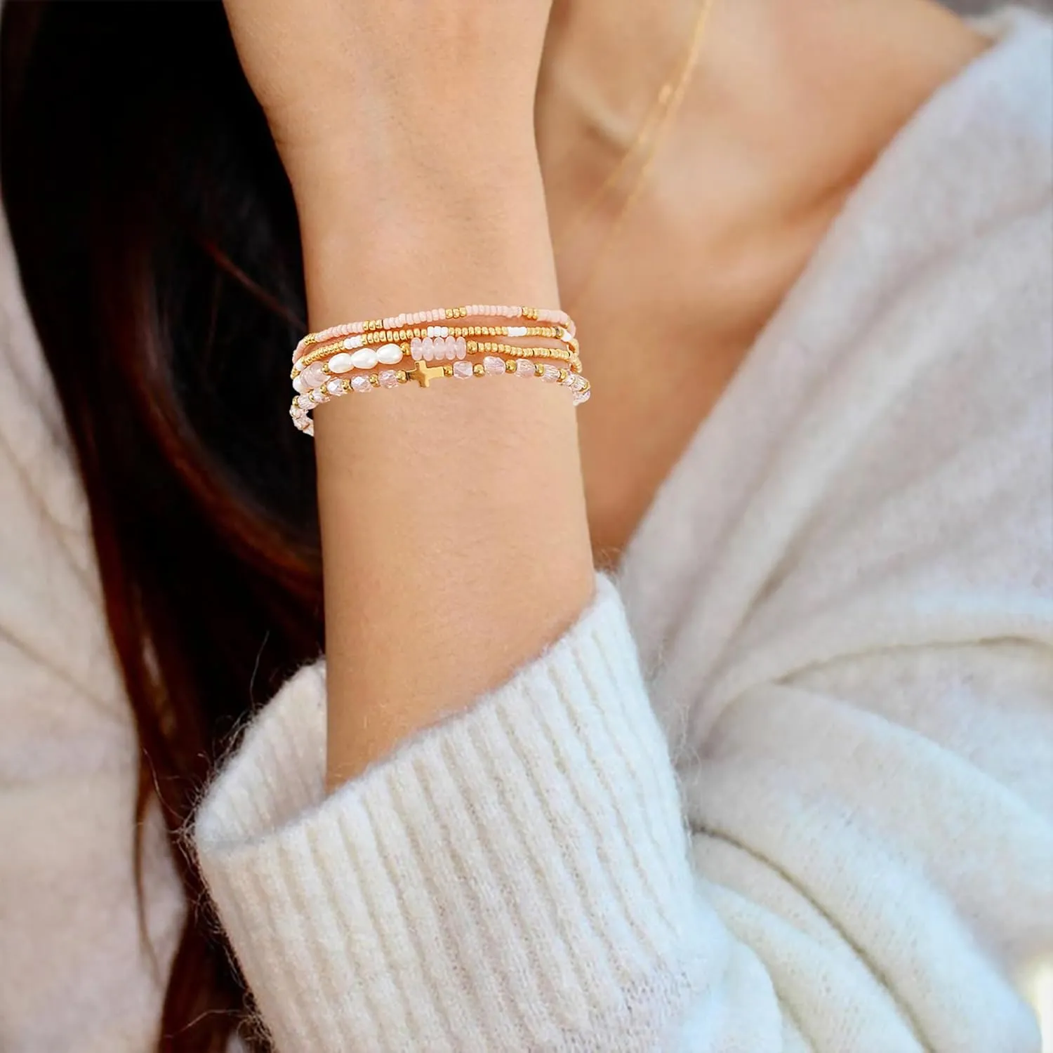 Dainty Gold Pearl Crystal Beaded Bracelets Set for Women 14K Real Gold Plated Bead Pearl Crystal Beads Bracelet Stackable Paperclip Link Chain Bracelets Gold Bracelets for Women Trendy Jewelry