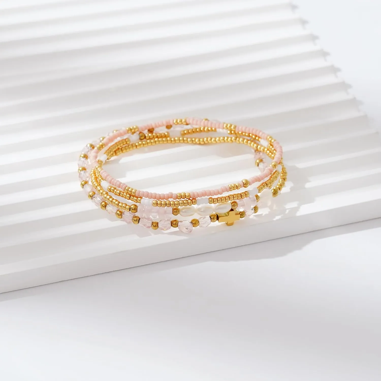 Dainty Gold Pearl Crystal Beaded Bracelets Set for Women 14K Real Gold Plated Bead Pearl Crystal Beads Bracelet Stackable Paperclip Link Chain Bracelets Gold Bracelets for Women Trendy Jewelry