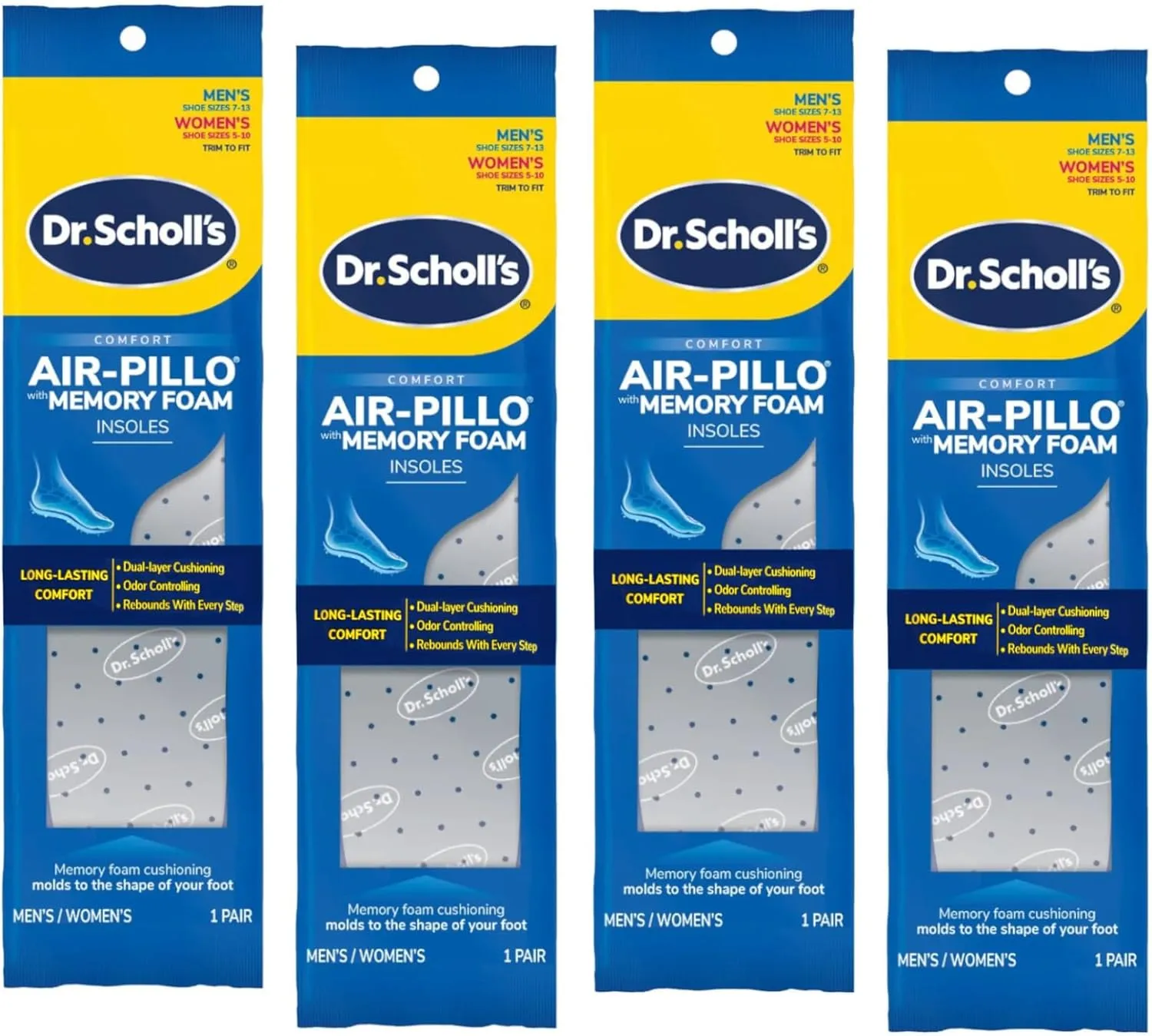 Dr. Scholl's Air-Pillo with Memory Foam Insoles Men's 7-13 / Women's 5-10, (Pack of 4)