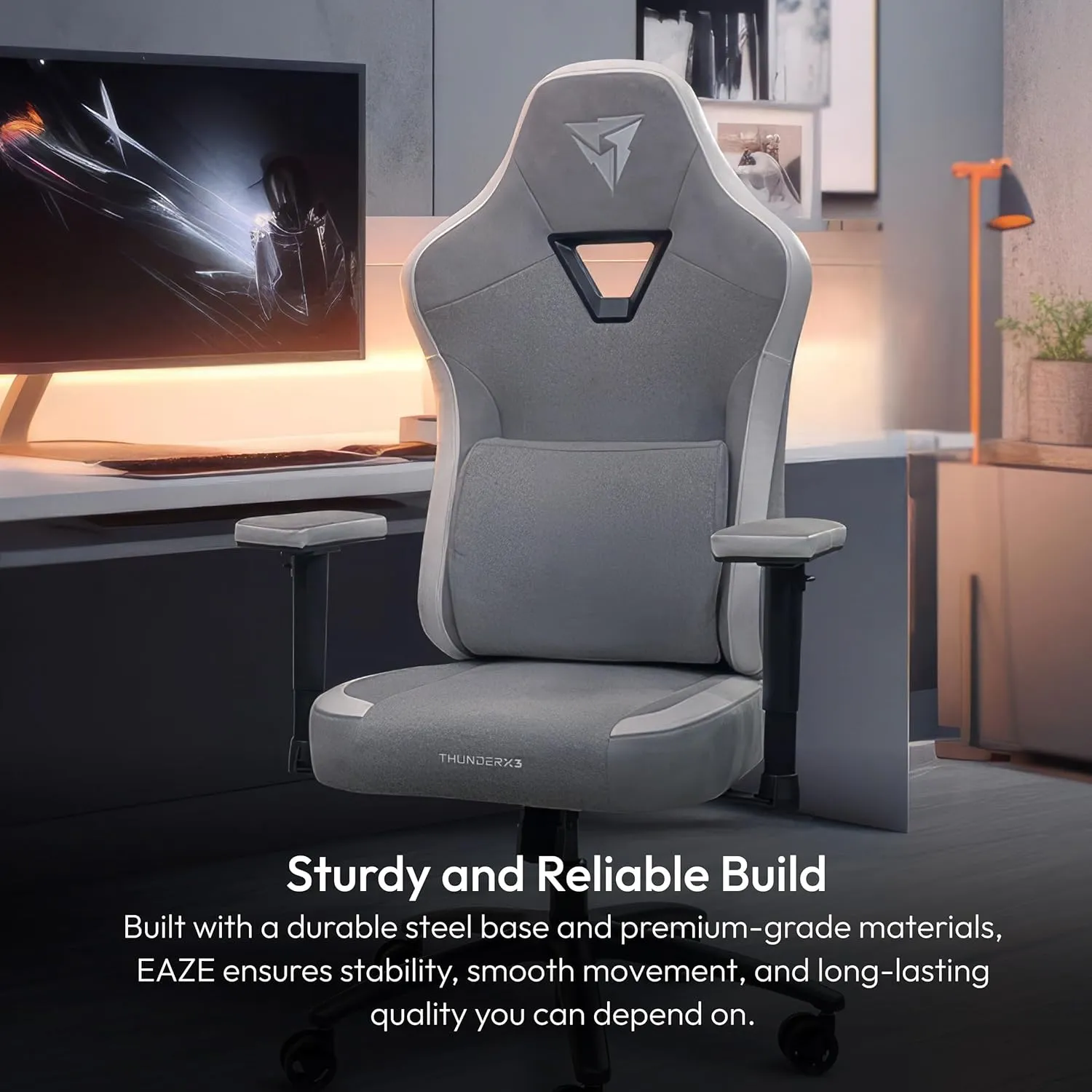 EAZE Gaming Chair, for Adults Ergonomic Office Chair, High Back Desk Chair, Synchronous Tilt, Memory Foam Lumbar Support, Neck Pillow, Adjustable Soft Armrest, Fabric, Loft Light Grey