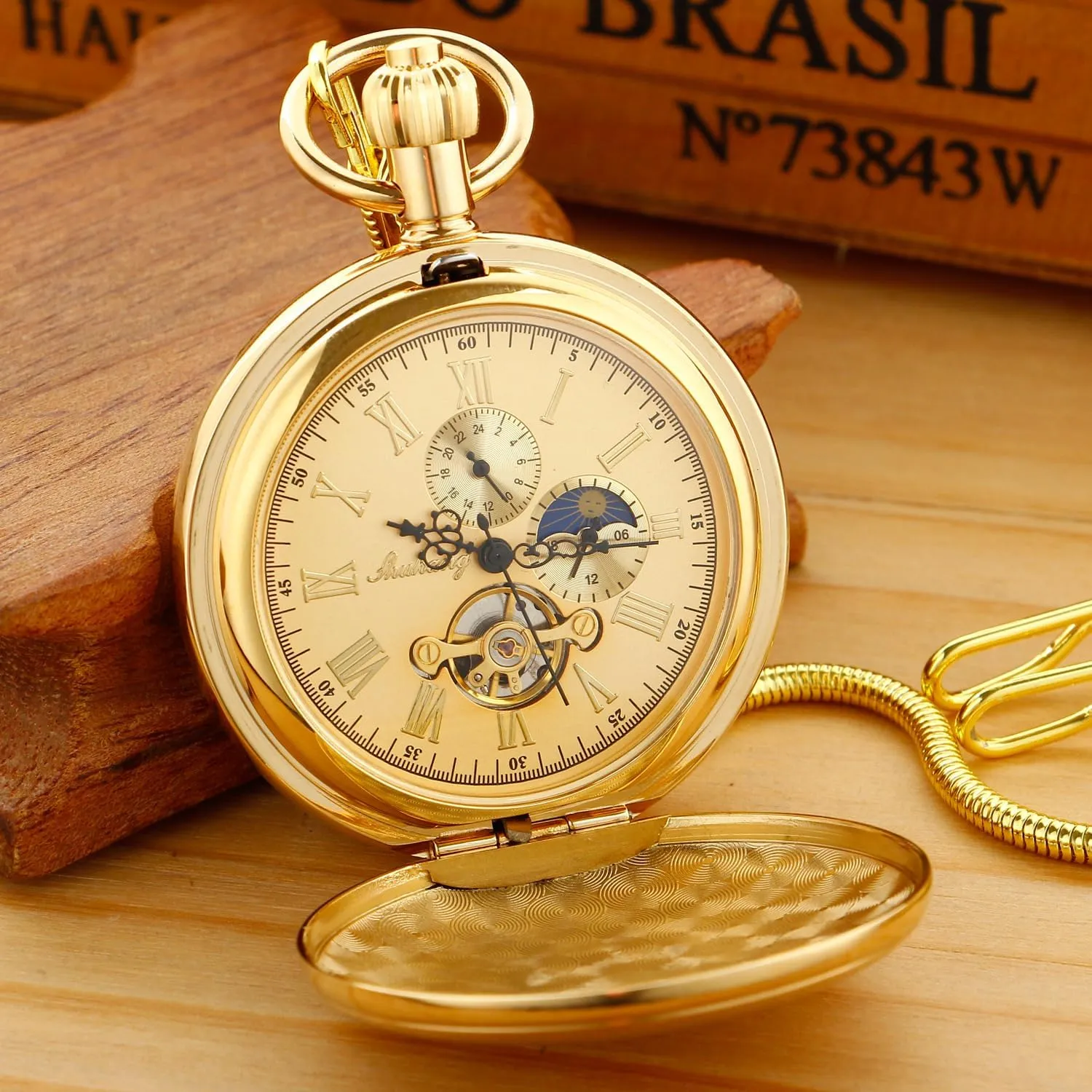 Elegant Men's Mechanical Pocket Watch with Chain and Box