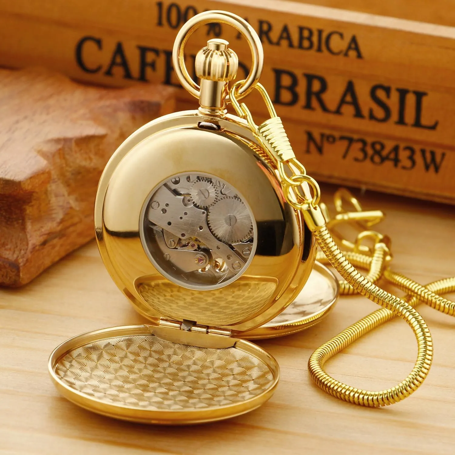 Elegant Men's Mechanical Pocket Watch with Chain and Box