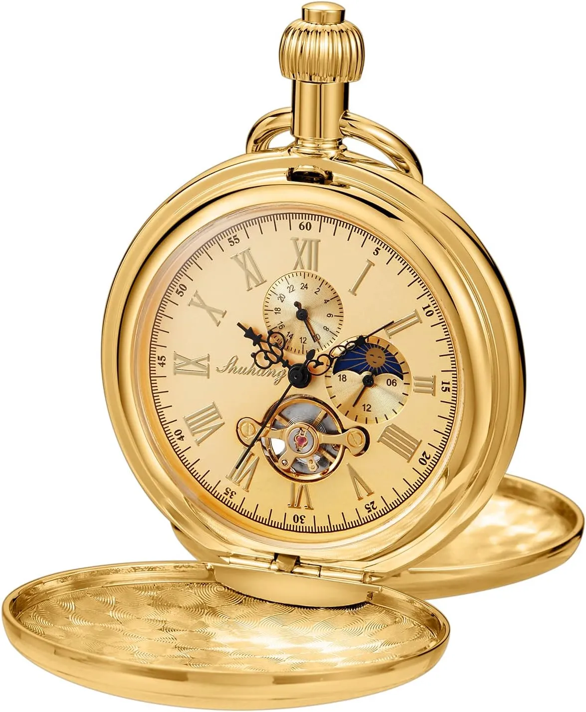 Elegant Men's Mechanical Pocket Watch with Chain and Box