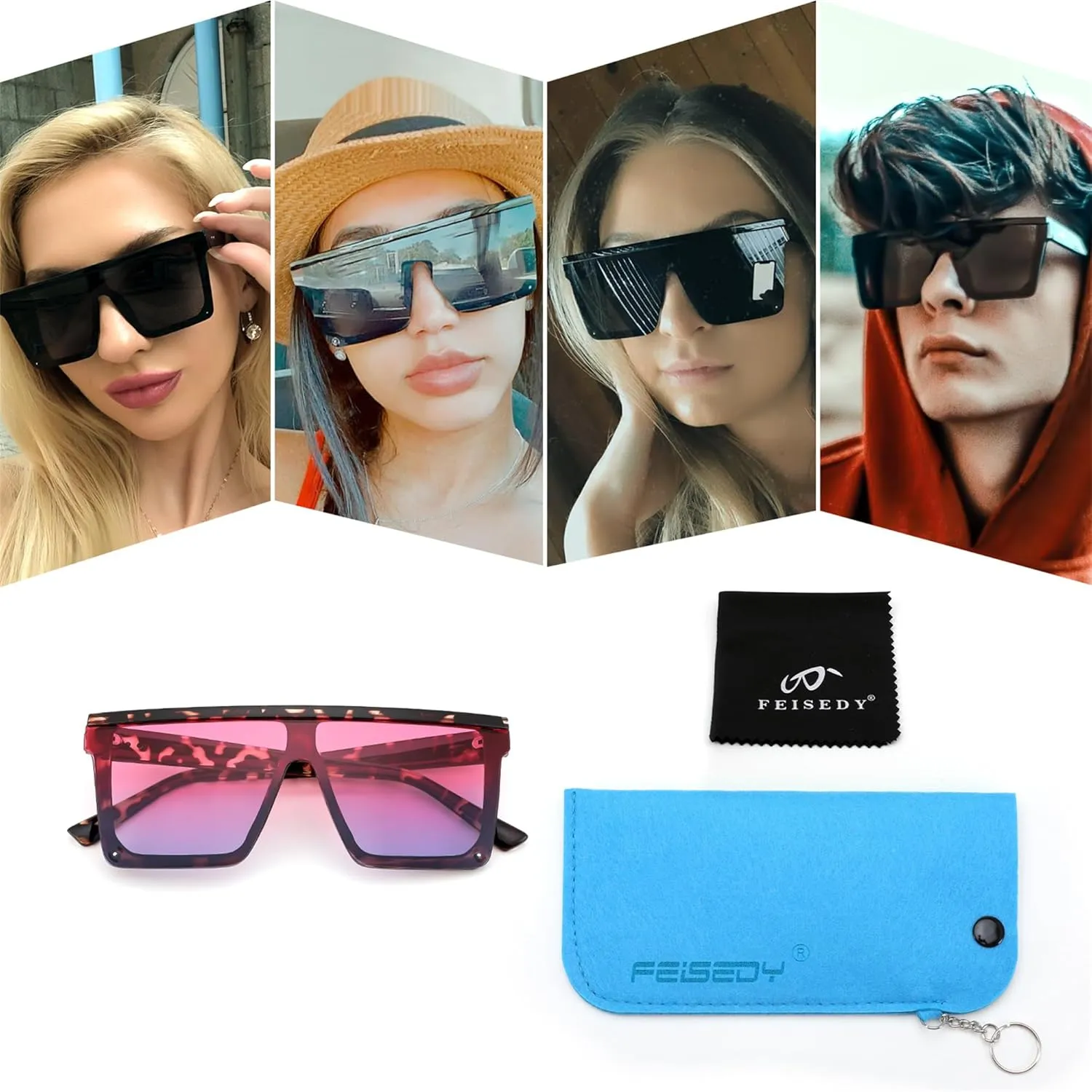 FEISEDY Oversized Sunglasses Mens Womens Flat Top Square Trendy Visor Shades UV400 B2470