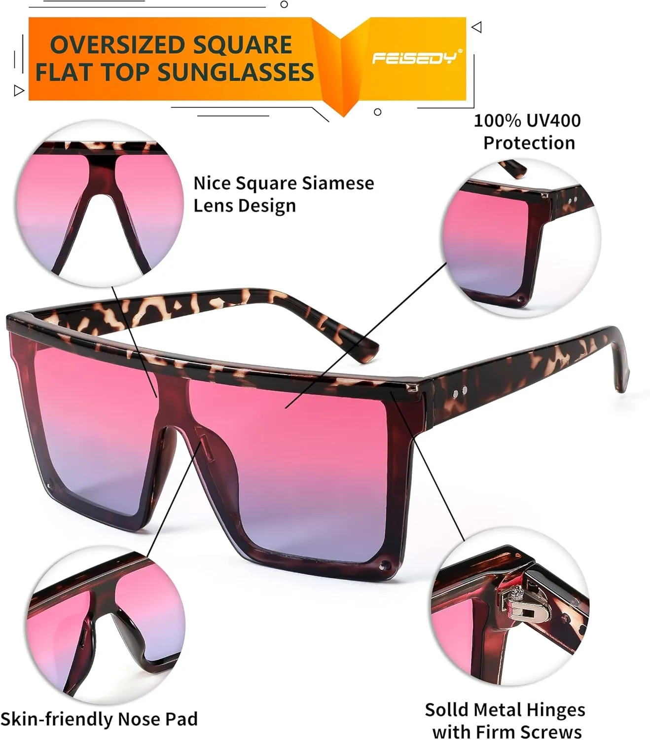 FEISEDY Oversized Sunglasses Mens Womens Flat Top Square Trendy Visor Shades UV400 B2470
