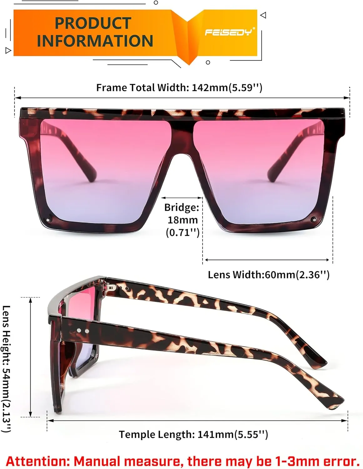 FEISEDY Oversized Sunglasses Mens Womens Flat Top Square Trendy Visor Shades UV400 B2470