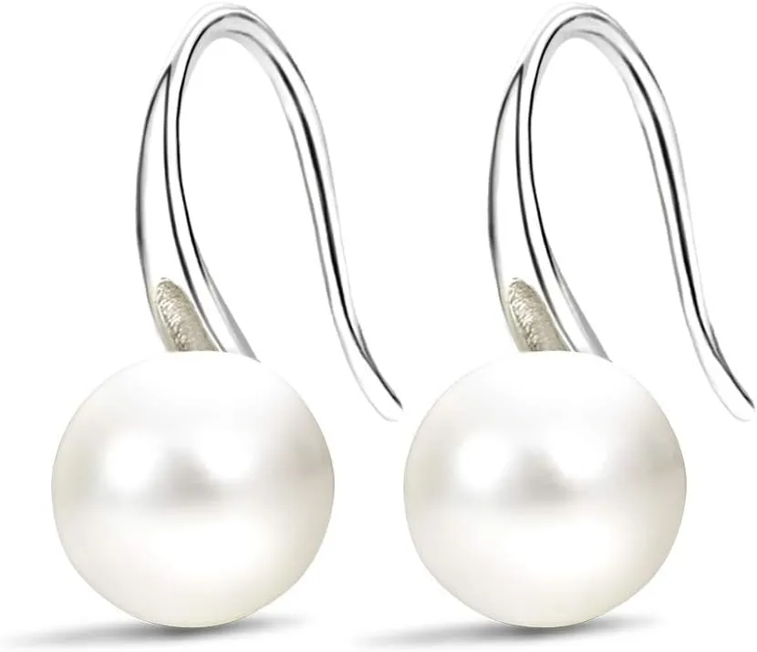 FIFATA Fashion Silver Pearl Earrings for Women 8-8.5mm Classical Drop Dangle Earrings Jewelry