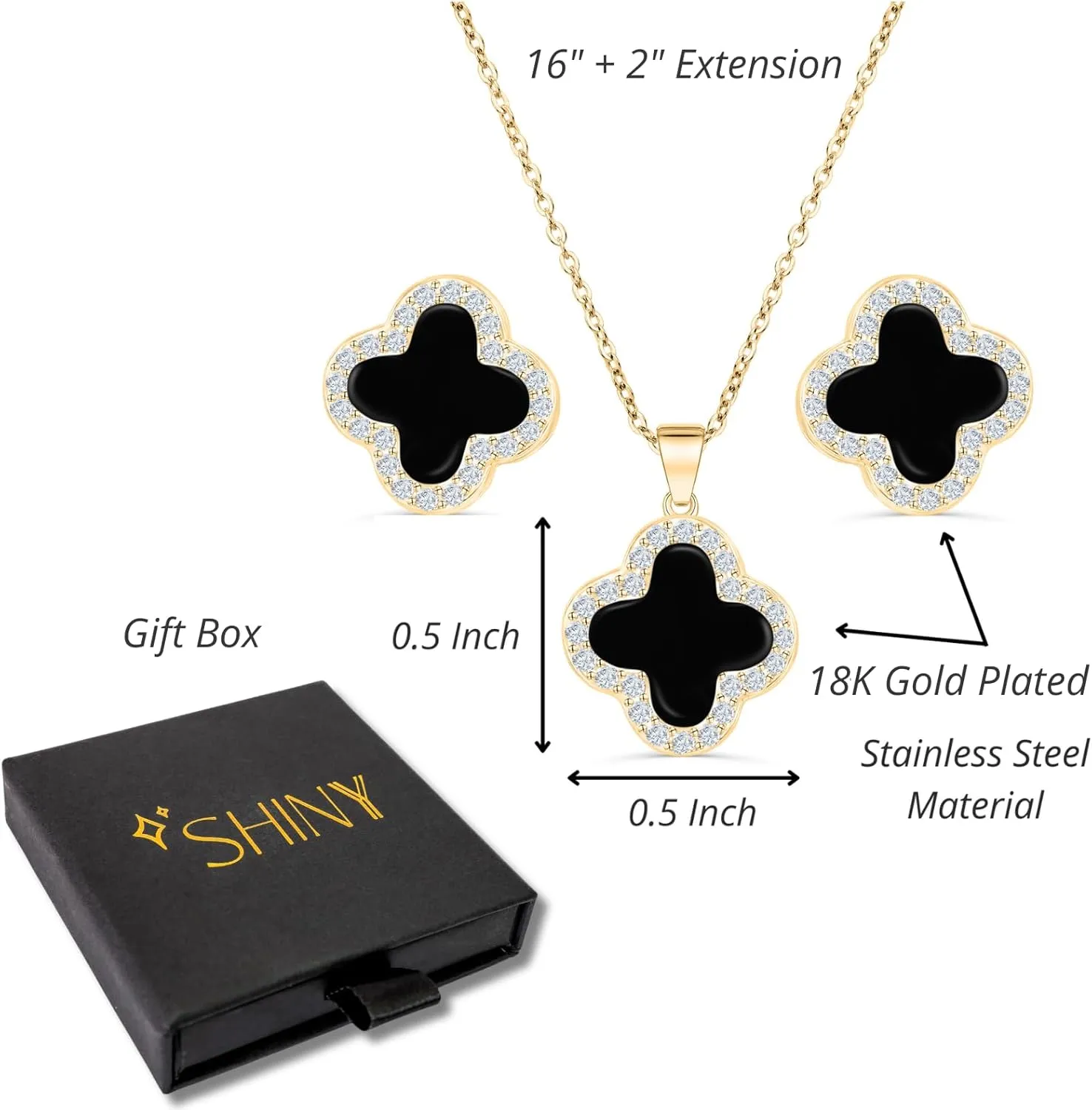 Four Leaf Crystal Clover Necklace Earring Set for Women 18K Gold Plated Stainless Steel Cubic Zirconia Pendant 4 Leaf Lucky Ear Studs Jewelry Gift for Mother and Daughter