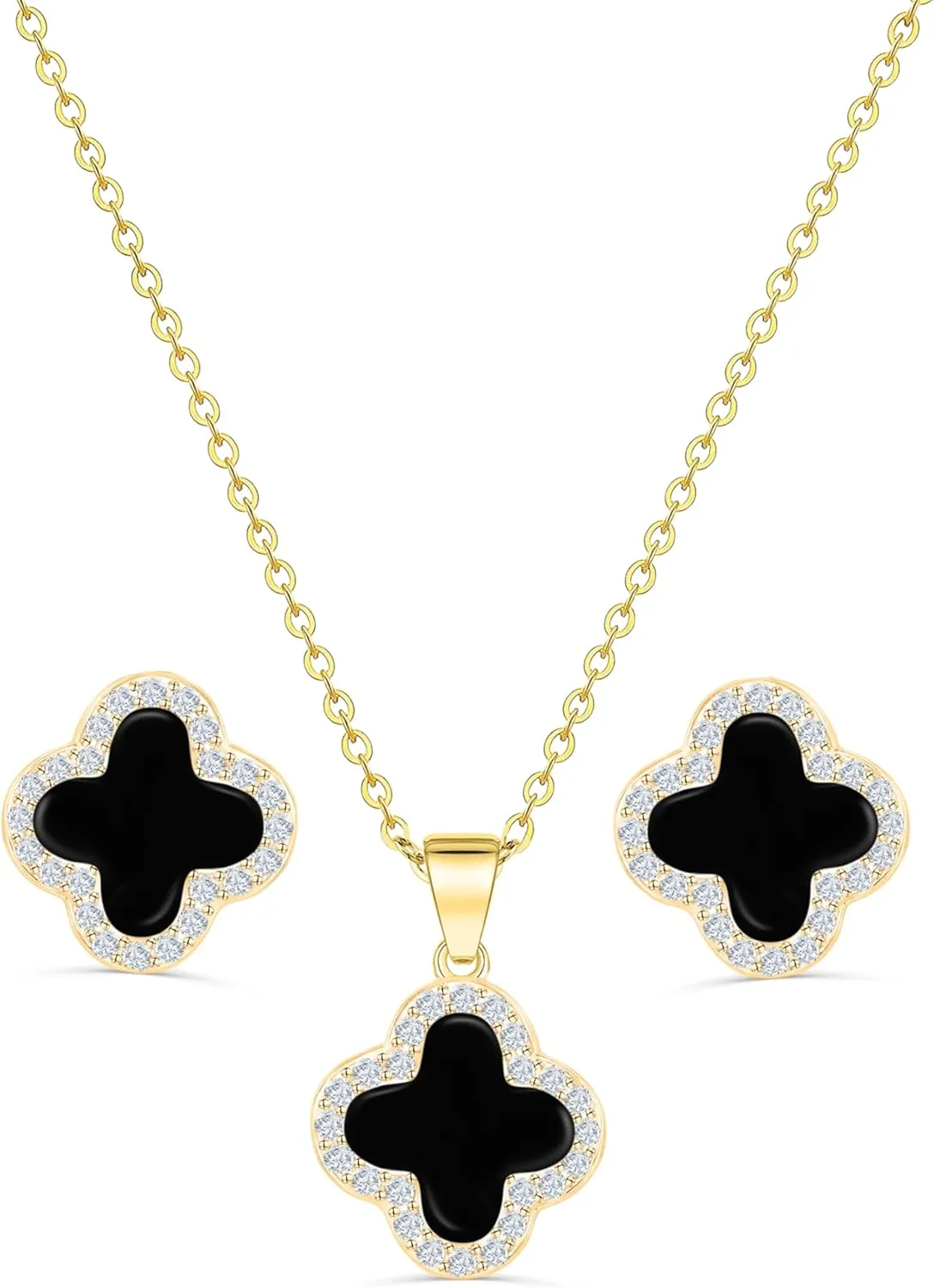 Four Leaf Crystal Clover Necklace Earring Set for Women 18K Gold Plated Stainless Steel Cubic Zirconia Pendant 4 Leaf Lucky Ear Studs Jewelry Gift for Mother and Daughter