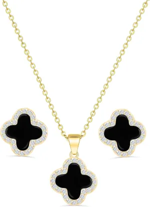 Four Leaf Crystal Clover Necklace Earring Set for Women 18K Gold Plated Stainless Steel Cubic Zirconia Pendant 4 Leaf Lucky Ear Studs Jewelry Gift for Mother and Daughter