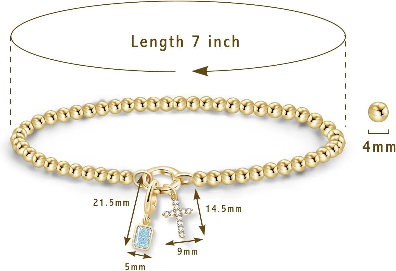 Free bird Cross Birthstone Bracelet | Dainty 14K Gold Plated Cross Charm Bracelet for Women | Stretchable Elastic Gold Beaded Bracelet | Stackable Trendy Birthstone Bracelet | Jewelry Gifts for Women