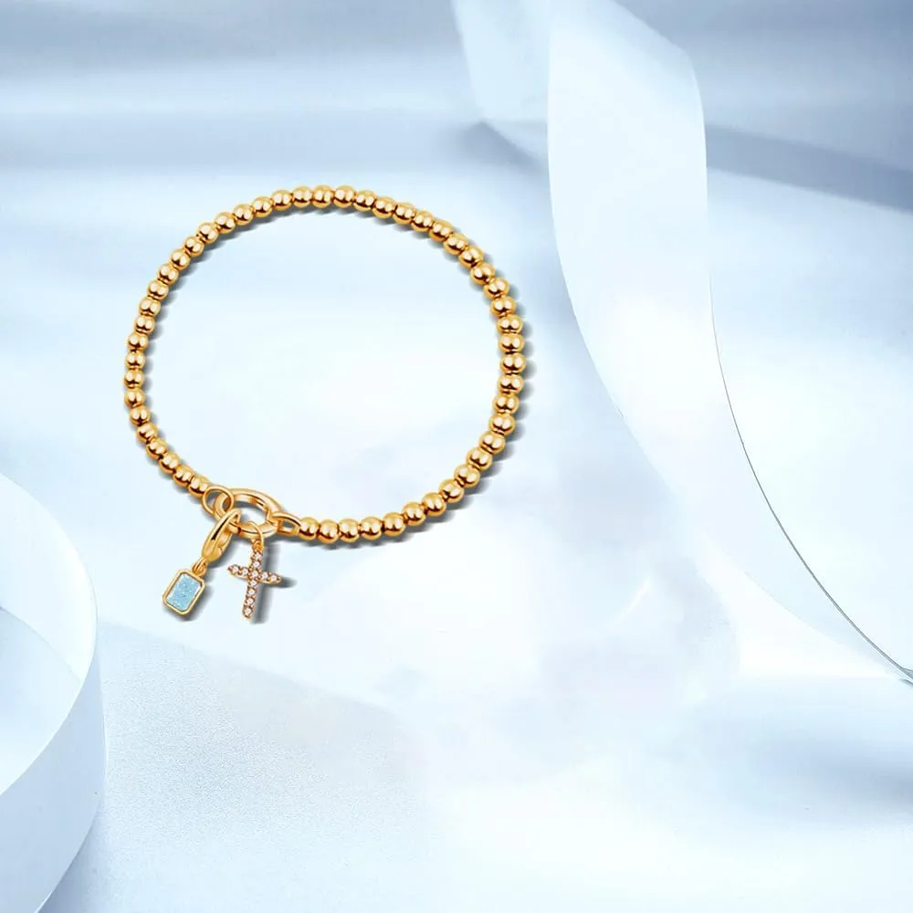 Free bird Cross Birthstone Bracelet | Dainty 14K Gold Plated Cross Charm Bracelet for Women | Stretchable Elastic Gold Beaded Bracelet | Stackable Trendy Birthstone Bracelet | Jewelry Gifts for Women