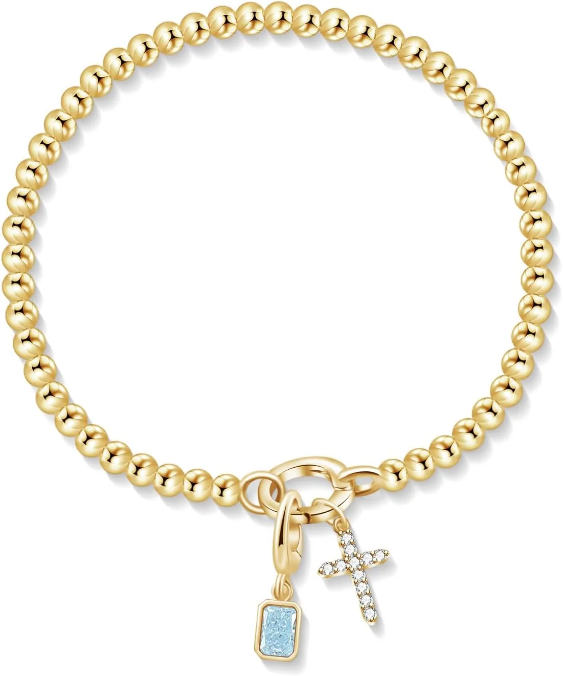 Free bird Cross Birthstone Bracelet | Dainty 14K Gold Plated Cross Charm Bracelet for Women | Stretchable Elastic Gold Beaded Bracelet | Stackable Trendy Birthstone Bracelet | Jewelry Gifts for Women