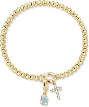 Free bird Cross Birthstone Bracelet | Dainty 14K Gold Plated Cross Charm Bracelet for Women | Stretchable Elastic Gold Beaded Bracelet | Stackable Trendy Birthstone Bracelet | Jewelry Gifts for Women