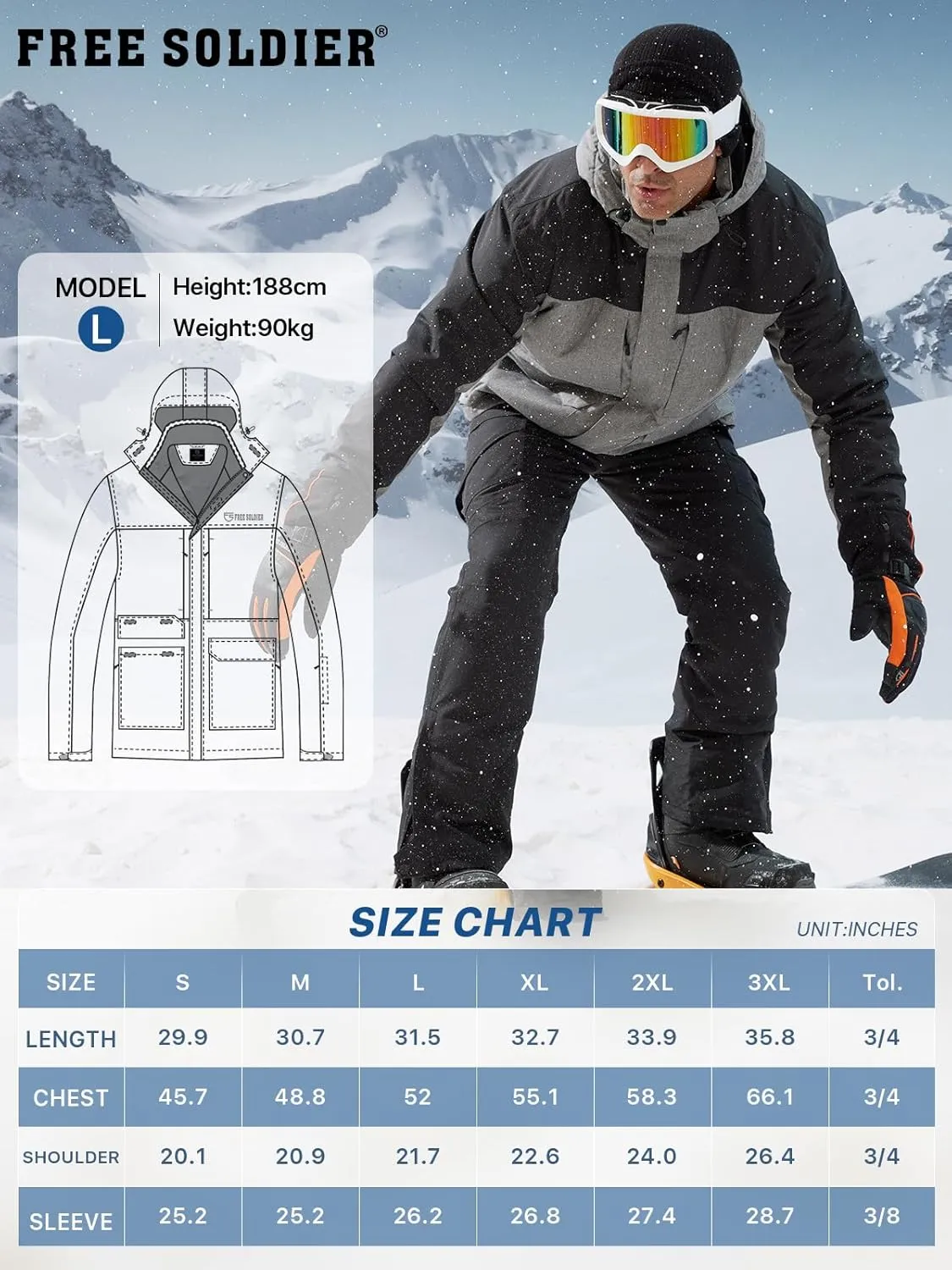 FREE SOLDIER Men's Waterproof Ski Jacket Fleece Lined Warm Winter Snow Coat with Hood Fully Taped Seams