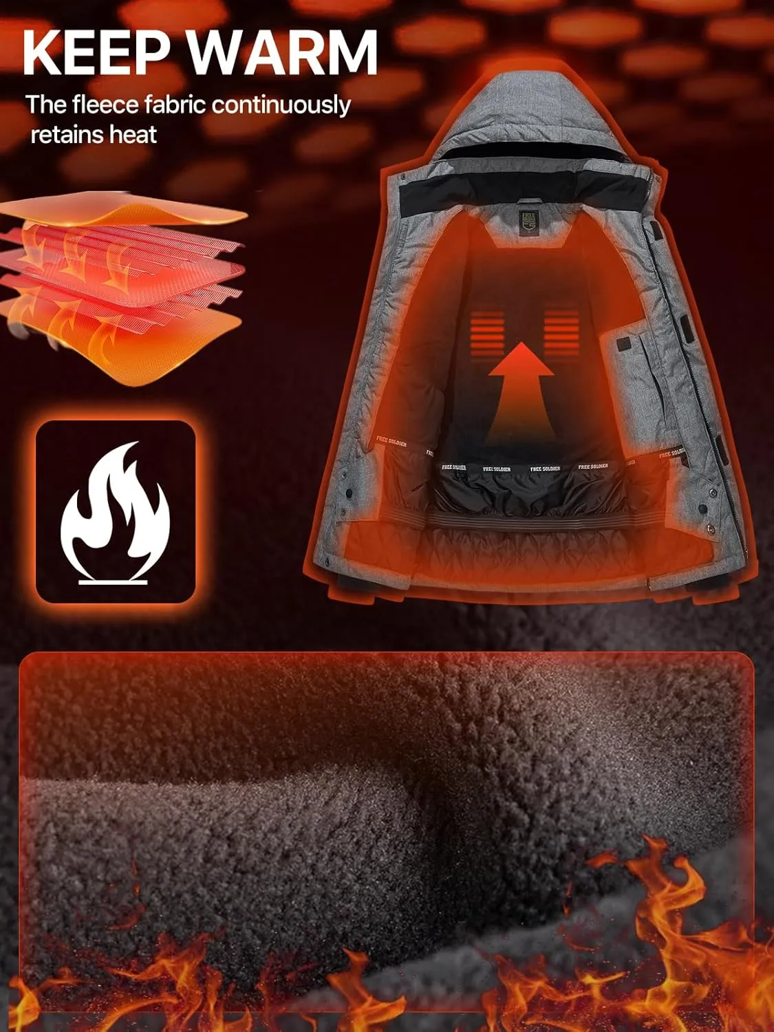 FREE SOLDIER Men's Waterproof Ski Jacket Fleece Lined Warm Winter Snow Coat with Hood Fully Taped Seams