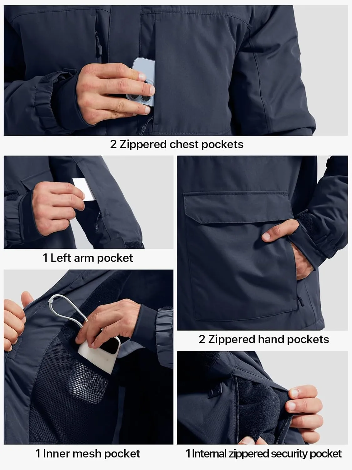 FREE SOLDIER Men's Waterproof Ski Jacket Fleece Lined Warm Winter Snow Coat with Hood Fully Taped Seams