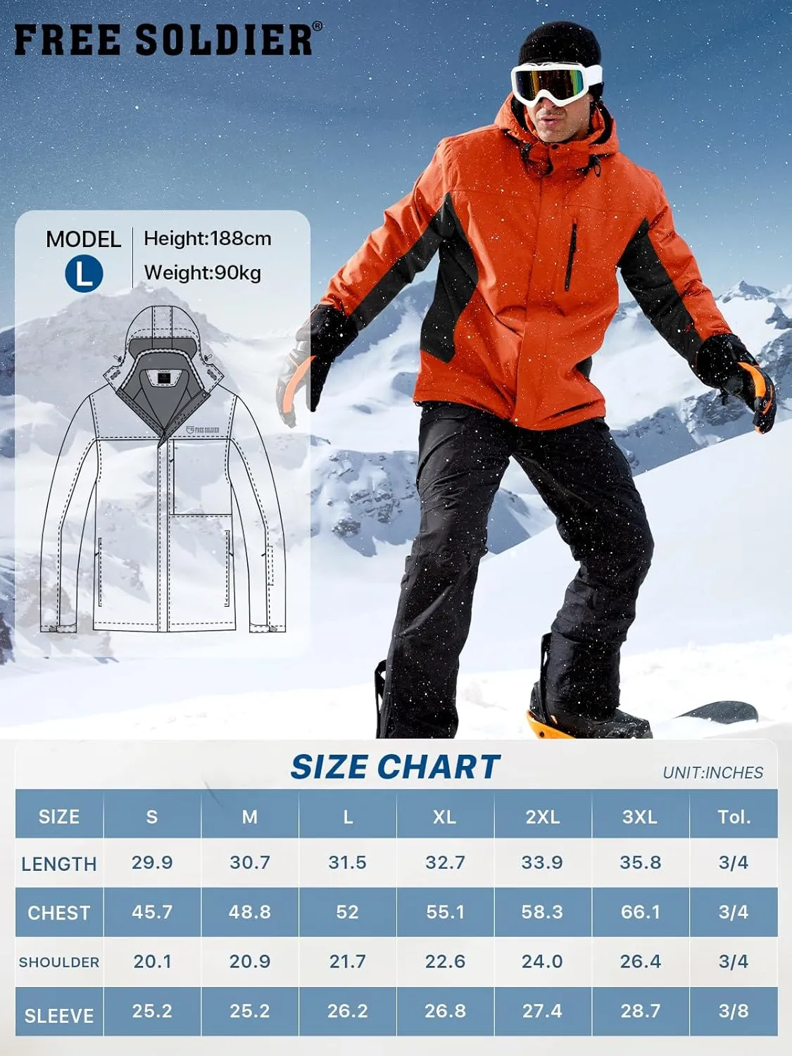 FREE SOLDIER Men's Waterproof Ski Snow Jacket Fleece Lined Warm Winter Rain Jacket with Hood Fully Taped Seams