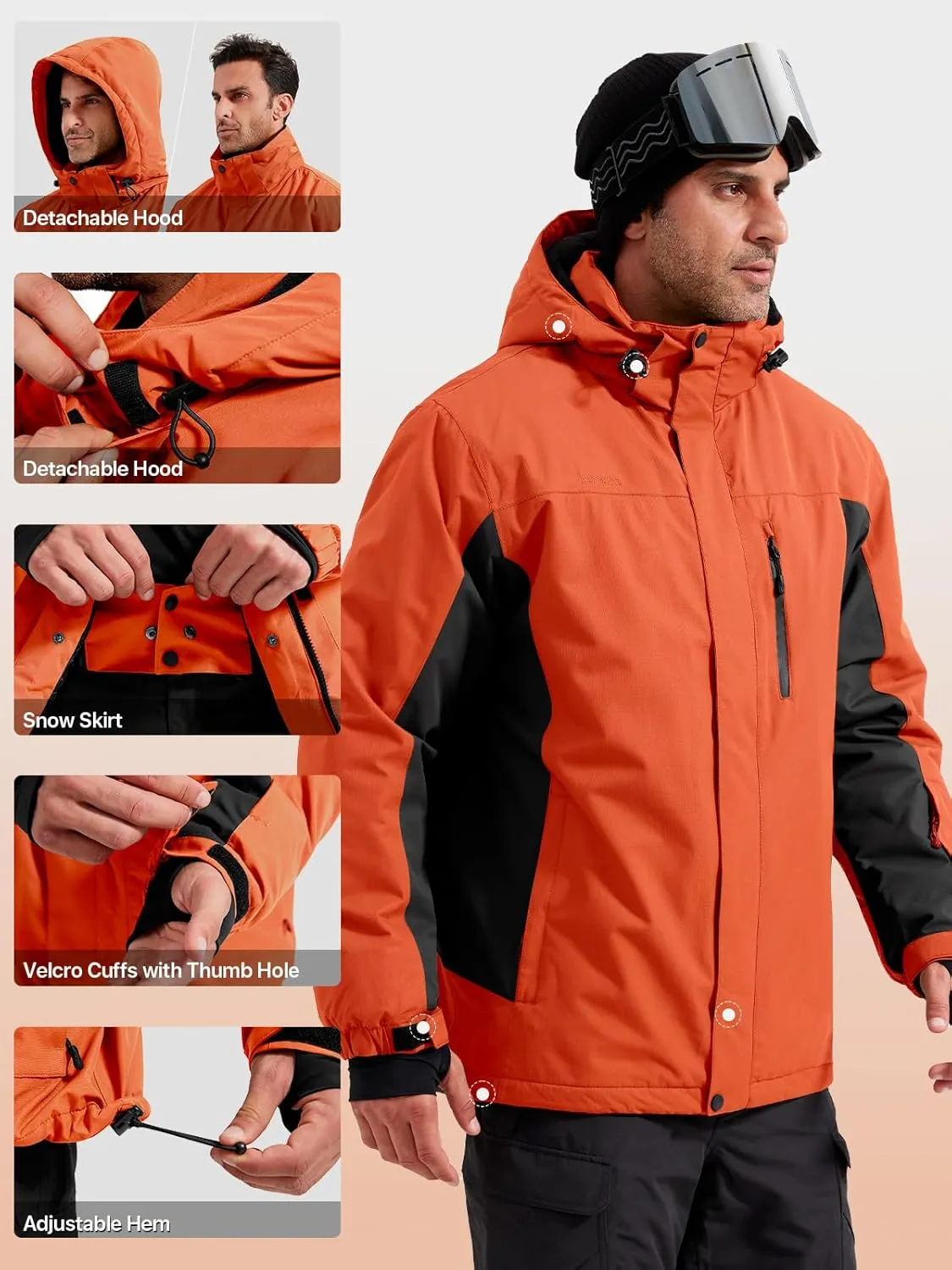 FREE SOLDIER Men's Waterproof Ski Snow Jacket Fleece Lined Warm Winter Rain Jacket with Hood Fully Taped Seams