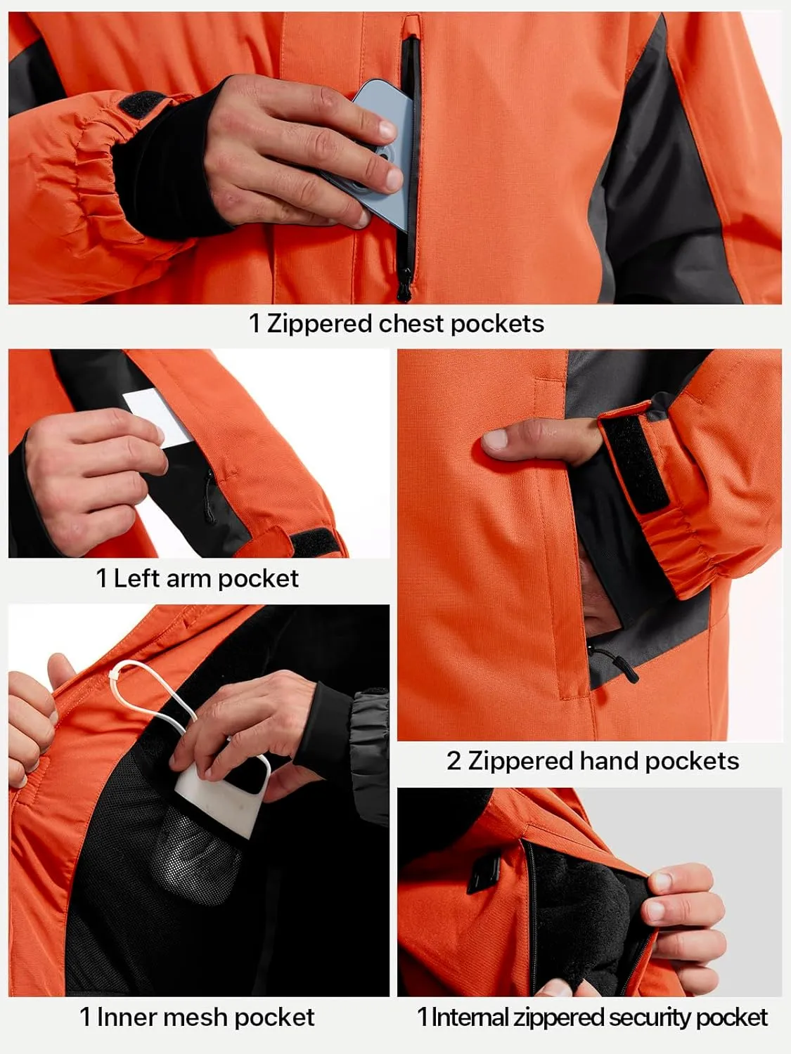 FREE SOLDIER Men's Waterproof Ski Snow Jacket Fleece Lined Warm Winter Rain Jacket with Hood Fully Taped Seams