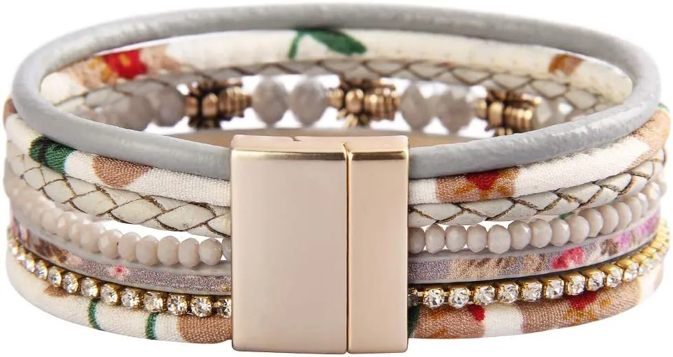 GelConnie Leather Wrap Bracelet Boho Cuff Bracelets Crystal Leather Bracelet Magnetic Multi Strand Bracelets Bohemian Bracelet Leather Wristbands Bangle Jewelry for Women Teen Wife Mother