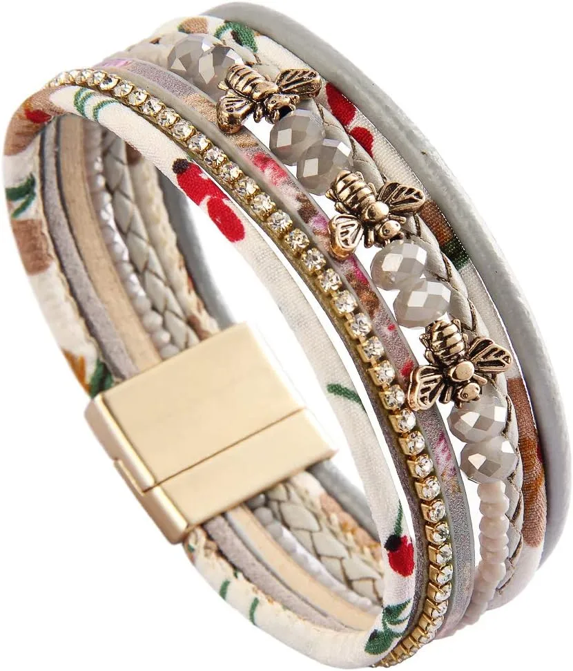 GelConnie Leather Wrap Bracelet Boho Cuff Bracelets Crystal Leather Bracelet Magnetic Multi Strand Bracelets Bohemian Bracelet Leather Wristbands Bangle Jewelry for Women Teen Wife Mother
