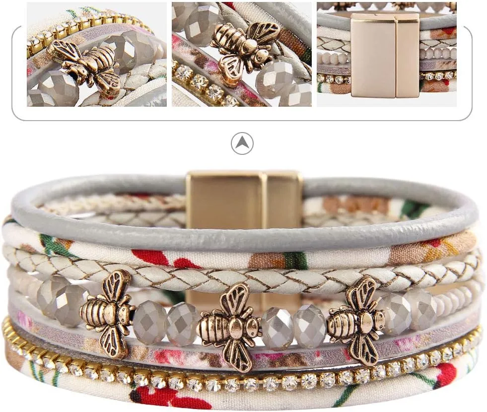 GelConnie Leather Wrap Bracelet Boho Cuff Bracelets Crystal Leather Bracelet Magnetic Multi Strand Bracelets Bohemian Bracelet Leather Wristbands Bangle Jewelry for Women Teen Wife Mother