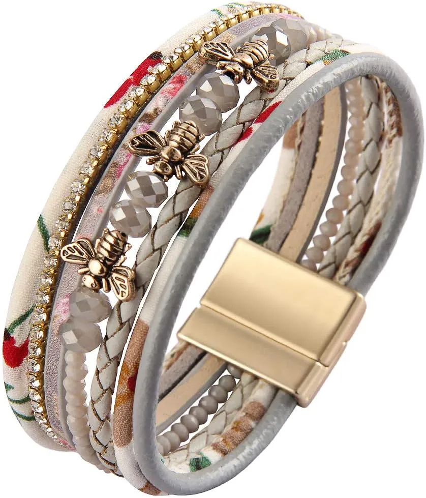 GelConnie Leather Wrap Bracelet Boho Cuff Bracelets Crystal Leather Bracelet Magnetic Multi Strand Bracelets Bohemian Bracelet Leather Wristbands Bangle Jewelry for Women Teen Wife Mother