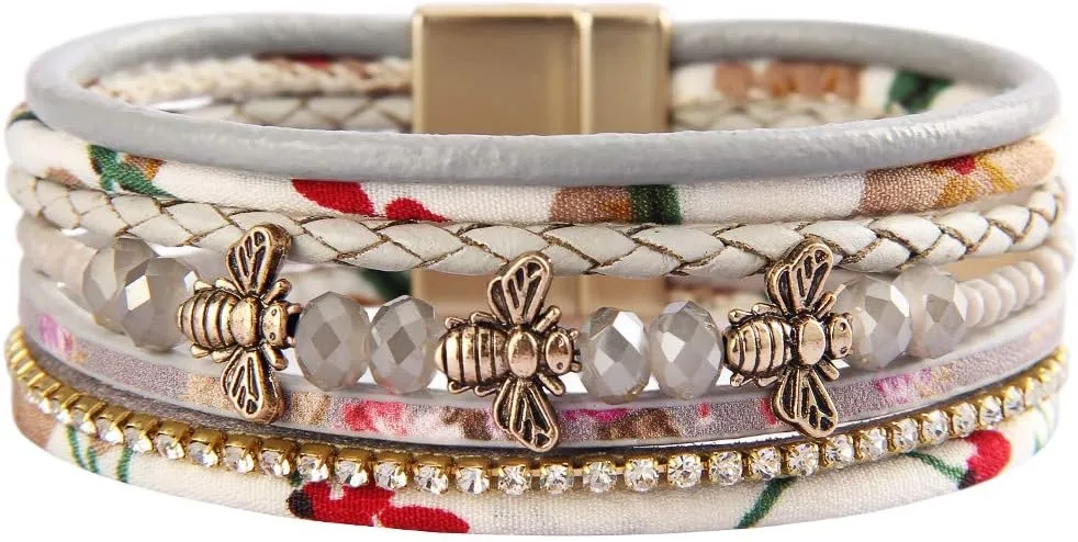 GelConnie Leather Wrap Bracelet Boho Cuff Bracelets Crystal Leather Bracelet Magnetic Multi Strand Bracelets Bohemian Bracelet Leather Wristbands Bangle Jewelry for Women Teen Wife Mother