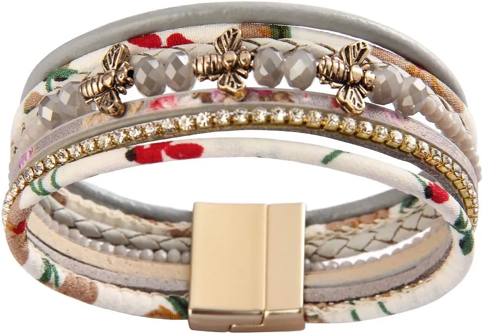 GelConnie Leather Wrap Bracelet Boho Cuff Bracelets Crystal Leather Bracelet Magnetic Multi Strand Bracelets Bohemian Bracelet Leather Wristbands Bangle Jewelry for Women Teen Wife Mother