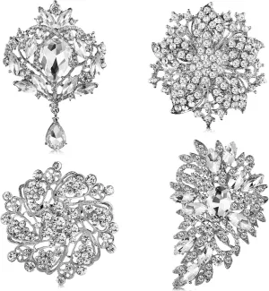 Geyoga 4 Pcs Women's Rhinestone Brooches Flower Crystal Pins Vintage Brooches for Banquet Wedding Graduation Bridal Shower Gift Jewelry Supplies